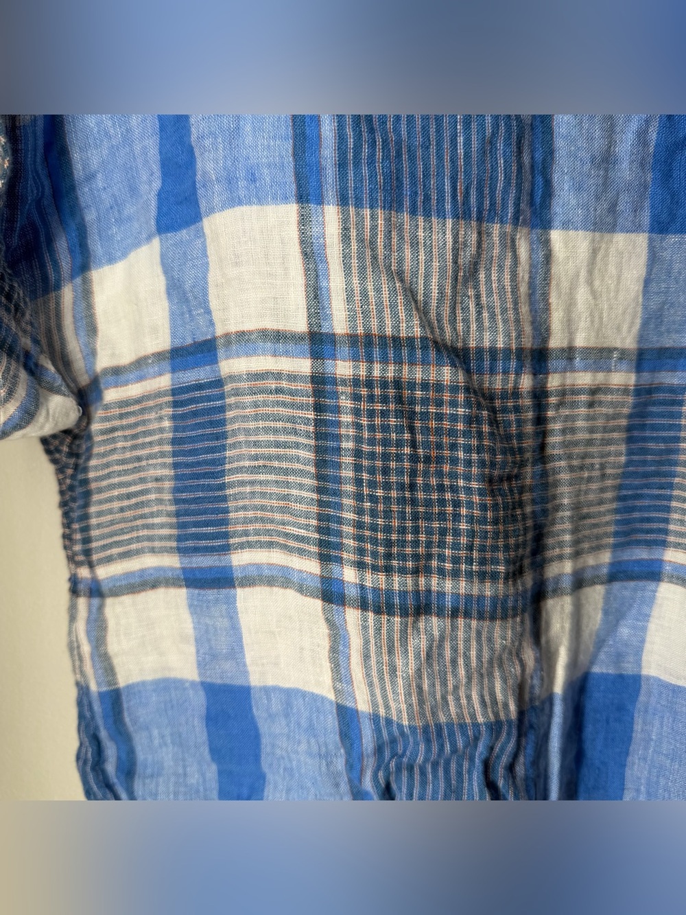 L.L. Bean Signature 100% Linen Blue Madras Plaid Tie Front Boxy Boat Neck Blouse - Picture 2 of 8